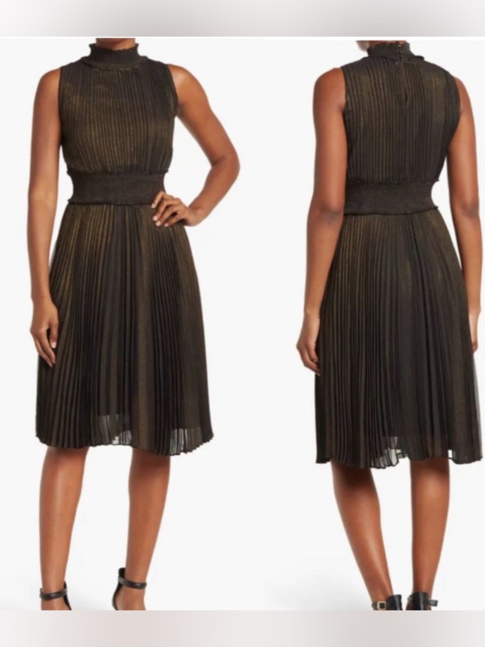 NEW Nanette Lepore Very Black/Gold Pleated High Neck Dress SZ 8 $148
